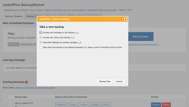 wordpress management glow, screenshot of popup that appears before you take an instant backup