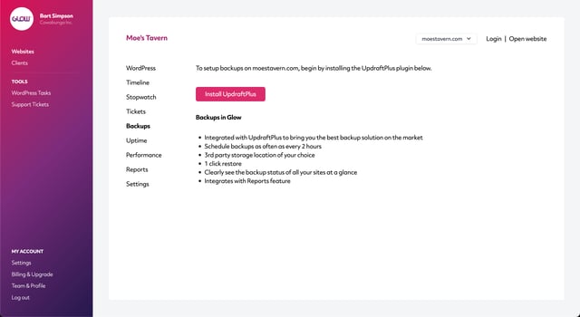 wordpress management glow, screenshot to setup backups feature, part 1