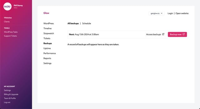 wordpress management glow, screenshot to setup backups feature, part 7