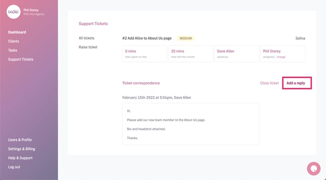 manage multiple wordpress sites with glow - record time on support tickets, start by clicking the add reply button