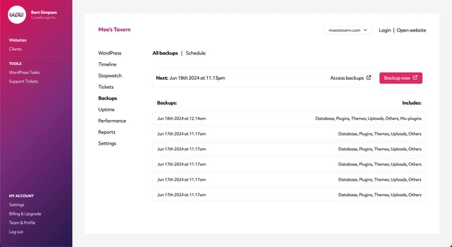 wordpress management glow, screenshot of backups screen where you can view a record of the most recent 30 backups