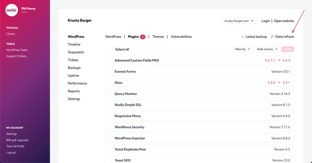 wordpress management glow, screenshot of the data refresh feature, part 1
