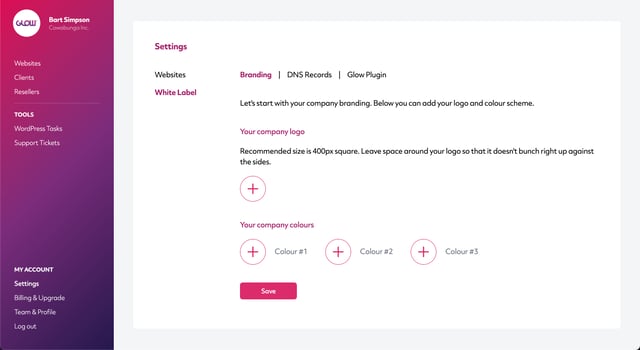 white label wordpress maintenance with glow, screenshot of our white label branding page, pre setup