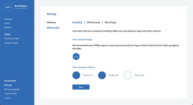 white label wordpress maintenance with glow, screenshot of our white label branding page, post setup
