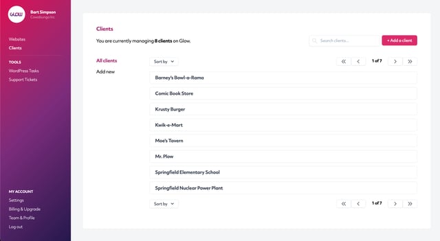 manage multiple wordpress sites with glow - wiki - adding a client - clients screen