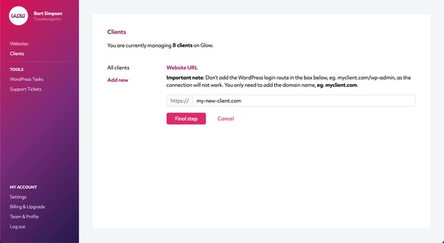 manage multiple wordpress sites with glow - wiki - adding a client - website url