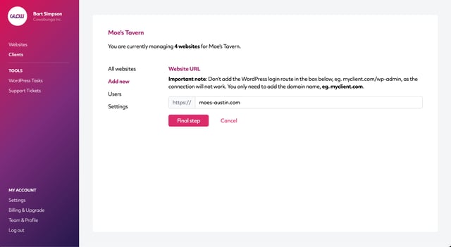 this image displays the add new website screen, before the form is completed, from the glow wordpress management app