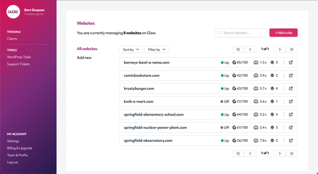 wordpress management software, glow, screenshot of the websites screen