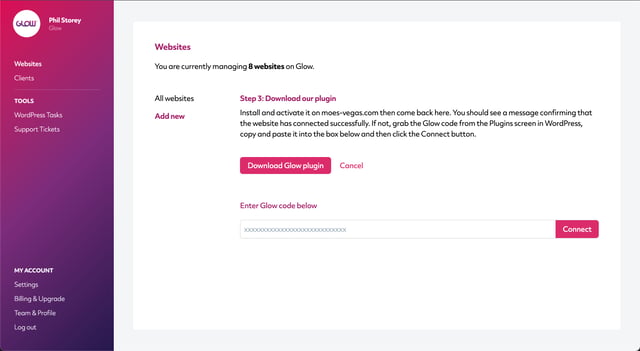 wordpress management software, glow, screenshot displaying how you download our plugin in order to connect your website to glow