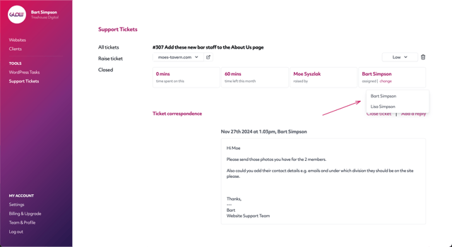 screenshot of glow on the support ticket correspondence screen, showing how you can assign a ticket to a different teammate