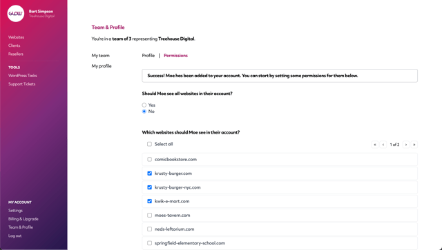 glow wordpress, screenshot showing how you can control which websites your teammates see and get access to when they login