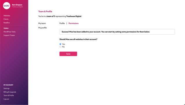 glow wordpress, screenshot showing how you can assign teammates to all websites in your account