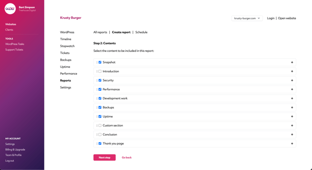 screenshot of the report creation process in glow, where you select which sections to include