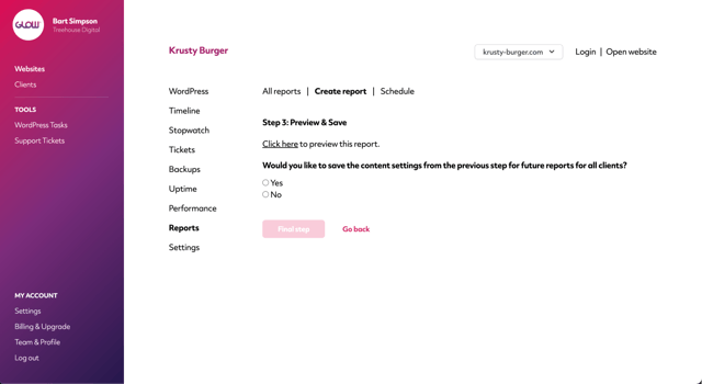 screenshot of the report creation process in glow, where you can preview the report and save the contents for future use