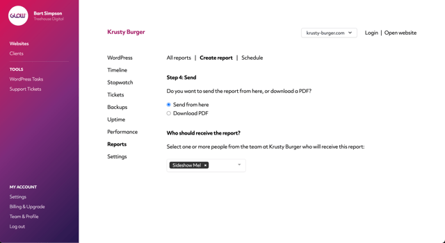 screenshot of the report creation process in glow, where you can choose who to send the report to