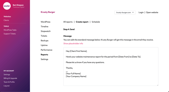 screenshot of the report creation process in glow, where you can customise the email that goes to the client