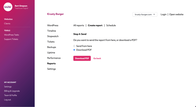 screenshot of the report creation process in glow, where you can download the report pdf