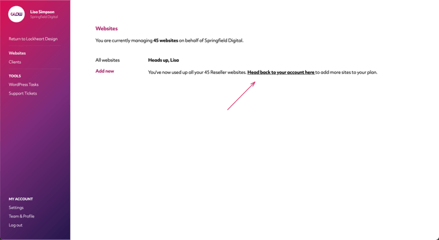 screenshot of glow white label wordpress maintenance feature, reseller, showing when you need to purchase more websites