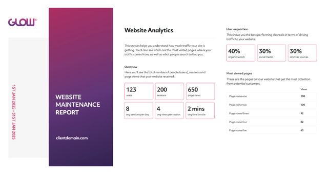 screenshot of glow client reports showing the google analytics and search console integrations