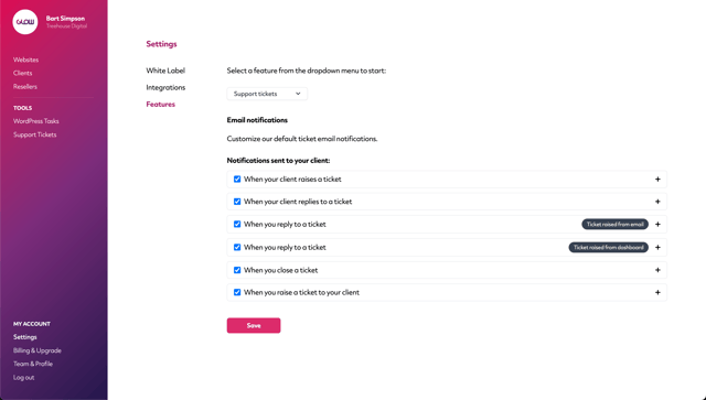 screenshot of glow showing the email notifications screen