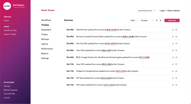 glow timeline recording all wordpress updates