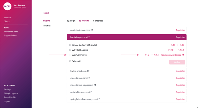 screenshot of an available woocommerce update showing in the glow dashboard