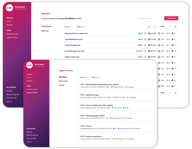 infinitewp alternative, screenshots of the dashboard in glow