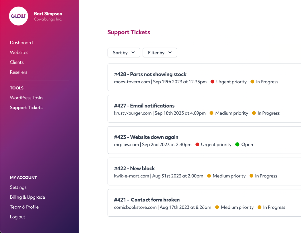 glow support ticket system for agencies managing multiple wordpress sites