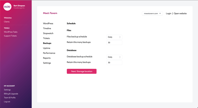 wordpress management glow, screenshot to setup backups feature, part 2