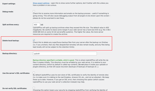 wordpress management glow, screenshot to setup backups feature, part 5