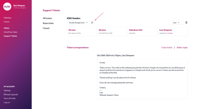 screenshot of glow showing how you can login to a client's website in one click from any support ticket