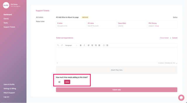 manage multiple wordpress sites with glow - record time on support tickets, type how much time you spent on a reply