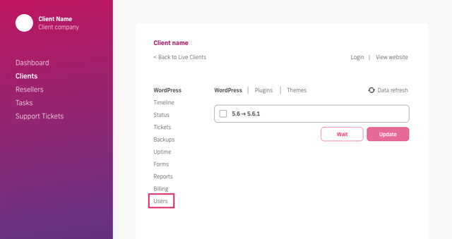 glow manage multiple wordpress sites, client users tab