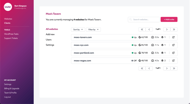 this image displays the client area screen from the glow wordpress management app