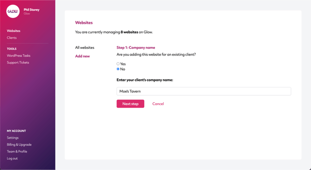 wordpress management software, glow, screenshot displaying how you type the name of your new client when adding a new website