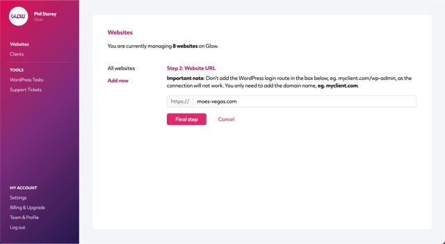 wordpress management software, glow, screenshot displaying where you type the website url of your new website