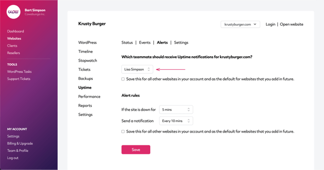 glow wordpress uptime monitoring, screenshot of the glow app, where you can choose which teammate receives downtime notifications
