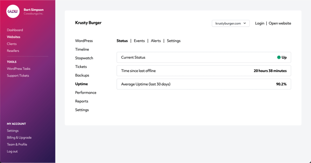 wordpress uptime monitoring with glow, screenshot of our app allowing you to view current uptime status, time since the site was last offline and average uptime for last 30 days