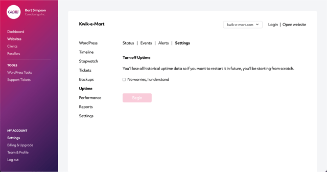 screenshot of the beginning of the process to turn off wordpress uptime monitor in glow