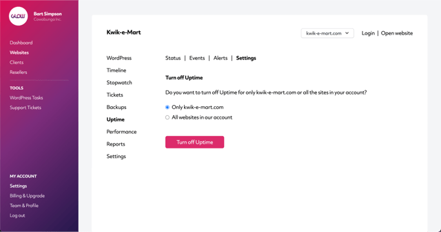 screenshot of process to turn off wordpress uptime monitor in glow, either for one website or all websites in your account at the same time