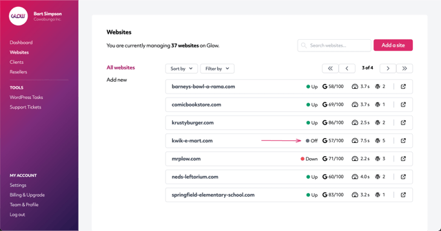 screenshot of confirmation that the wordpress uptime monitor in glow has been turned off